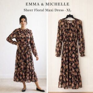 Emma & Michele Shear Floral Maxi Dress XL Boho Long Sleeve Tie Waist Cottagecore